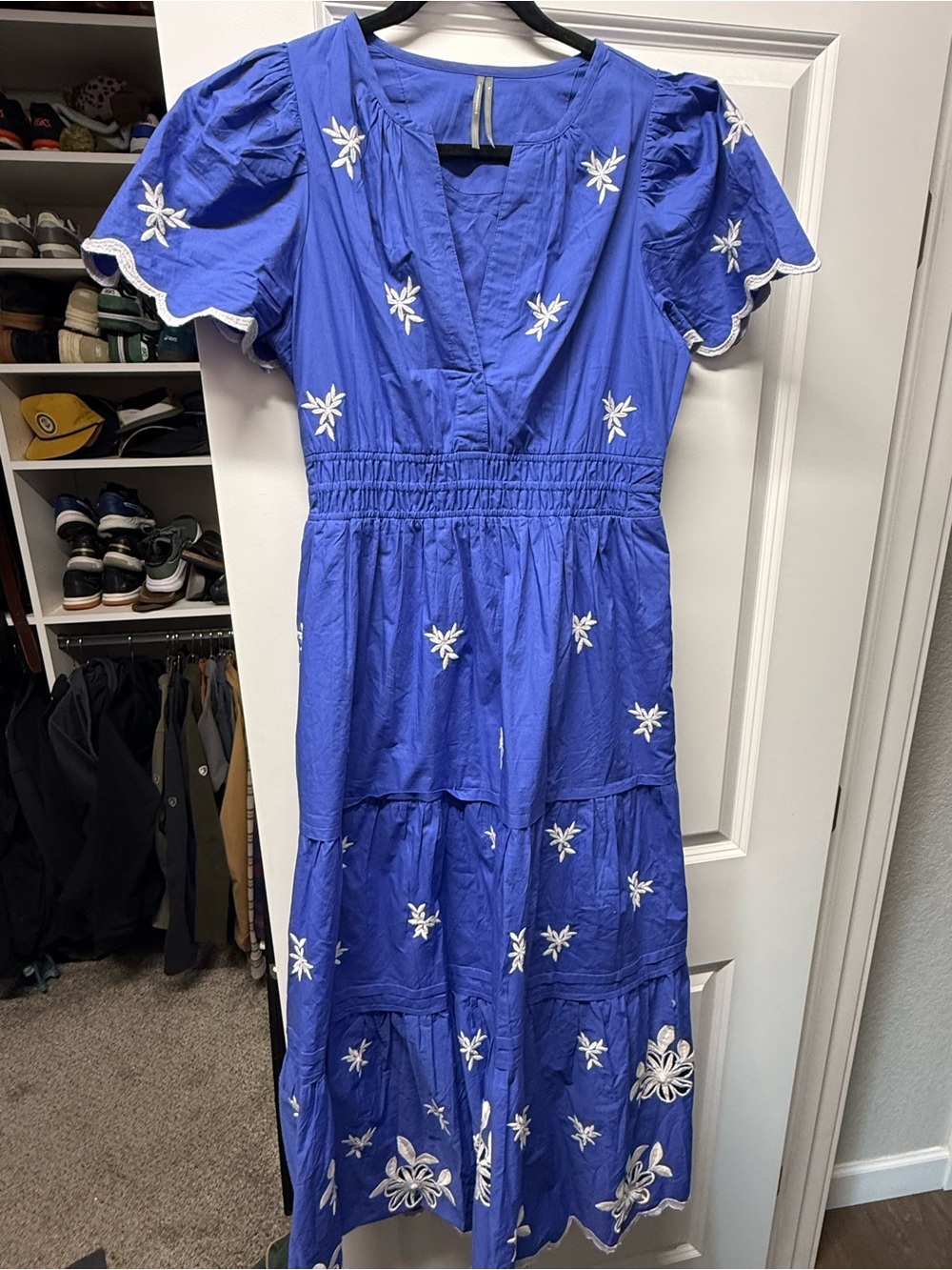 Anthropologie Cobalt Blue Embroidered Tiered Maxi Dress